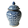 Ancien vase à couvercle/potiche/jarre. origine/thaïlande. a décor de palmiers bleu indigo. 23 x 14 cm