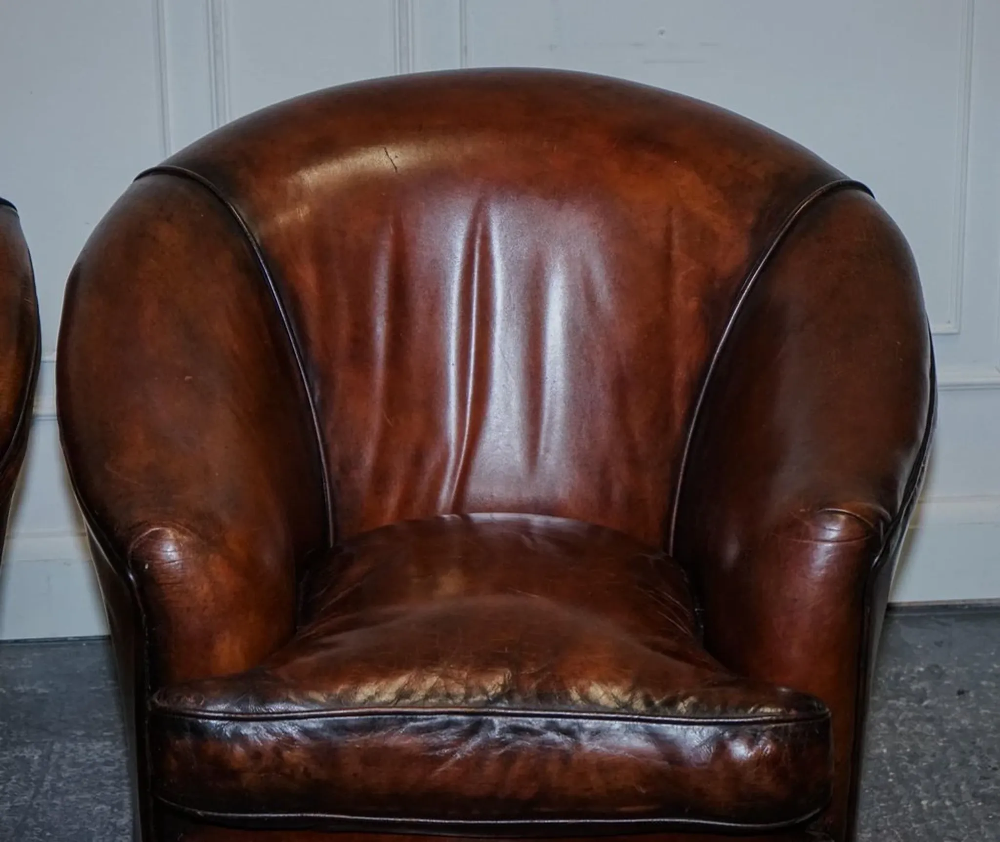 Art Deco Hand-Dyed Whisky Brown Sofa, Armchairs and Ottomans, 1920s, Set of 5