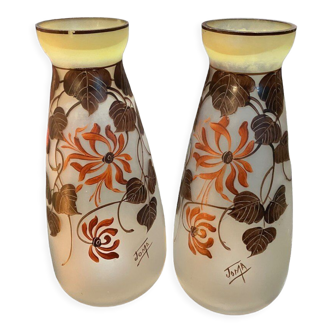 Pair of painted glass paste vases signed joma
