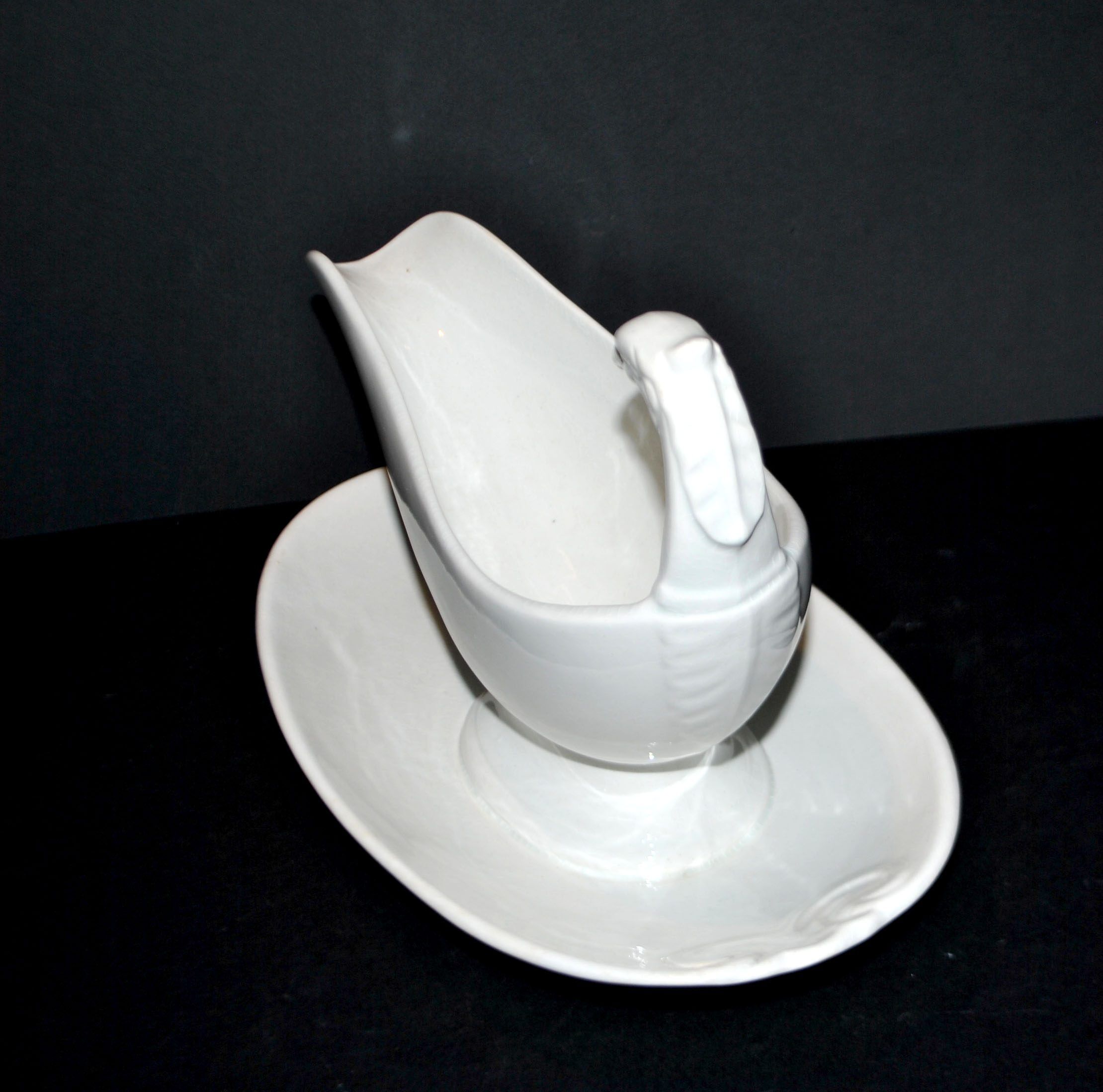 Sarreguemines antique earthenware sauce boat U&C opaque eagle's head