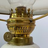 Kerosene lamp of patinated brass with shade of white opaline glass, 1860
