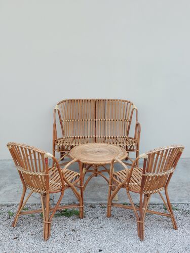 Set bench table and two armchairs in rattan 1950 vintage