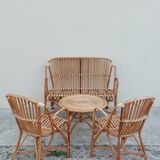 Set bench table and two armchairs in rattan 1950 vintage