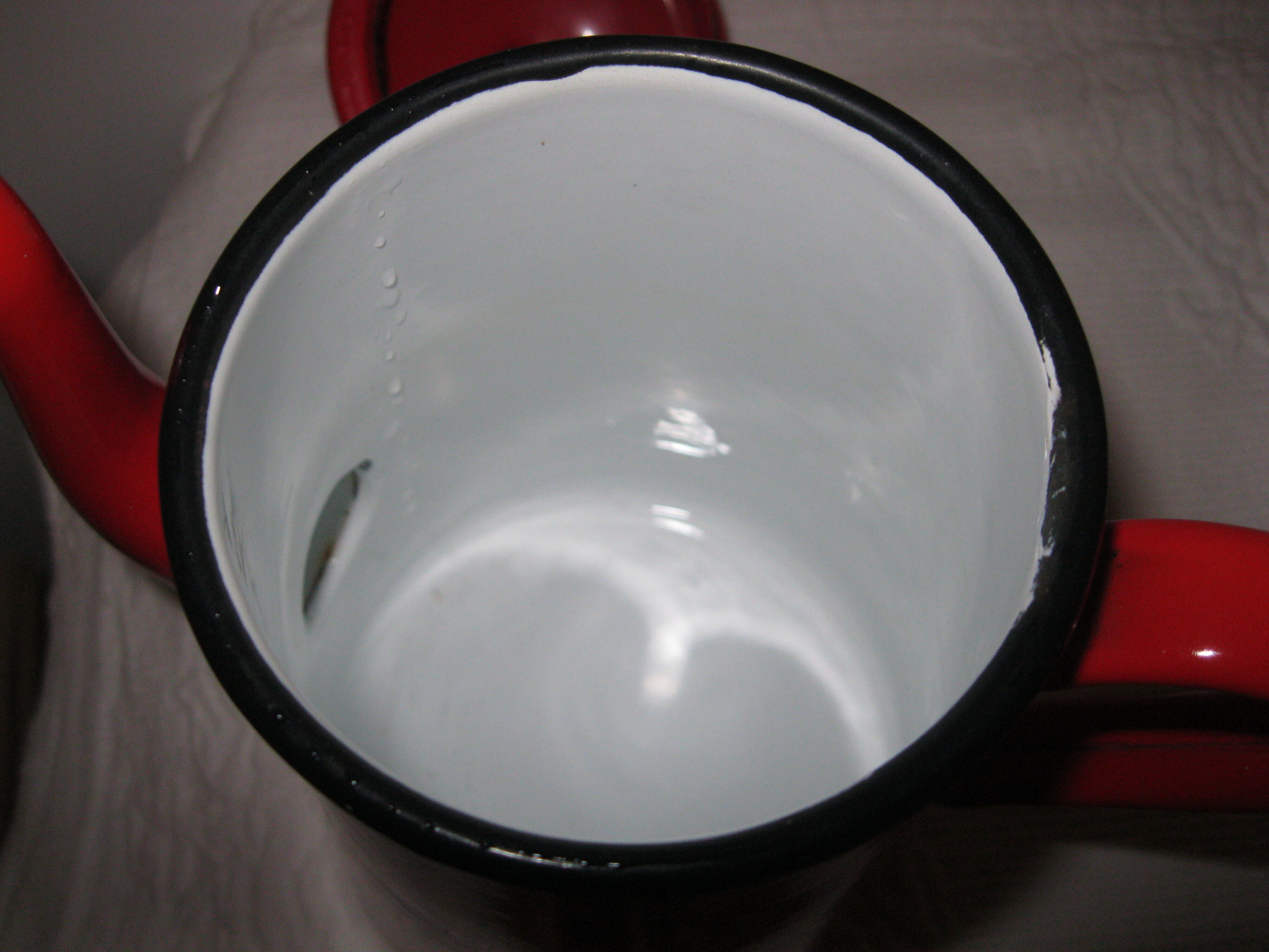 Red enamelled coffee pot