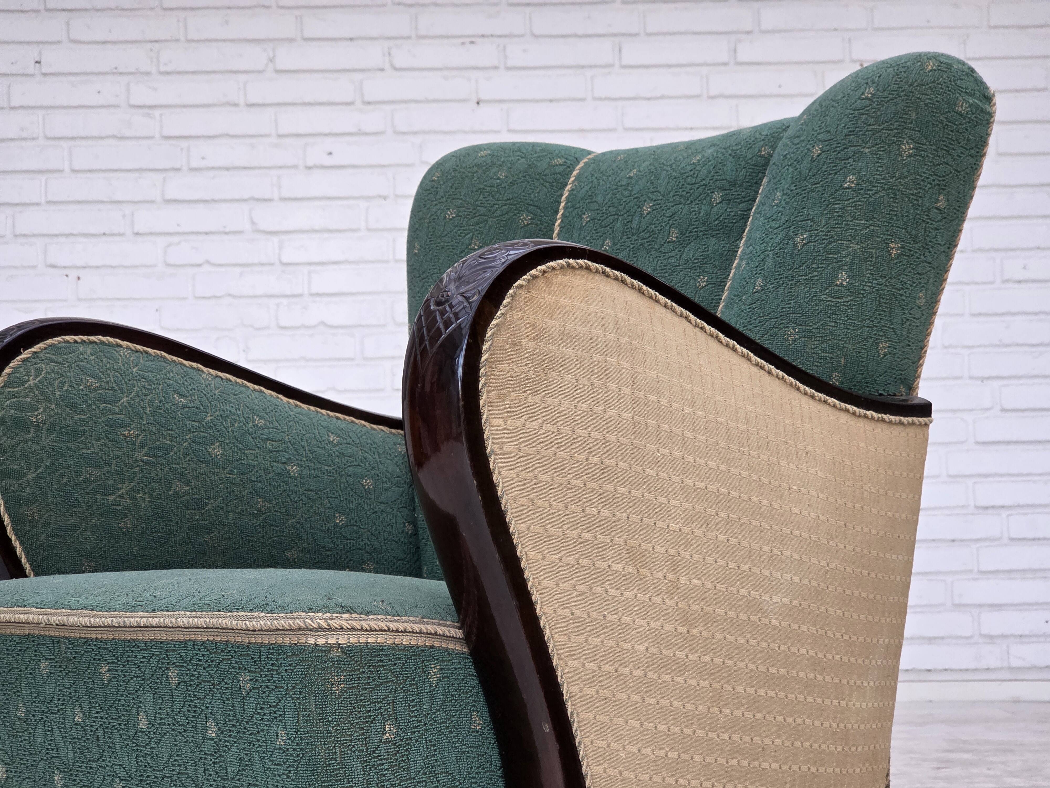1960s, Danish armchair, green and beige furniture wool.