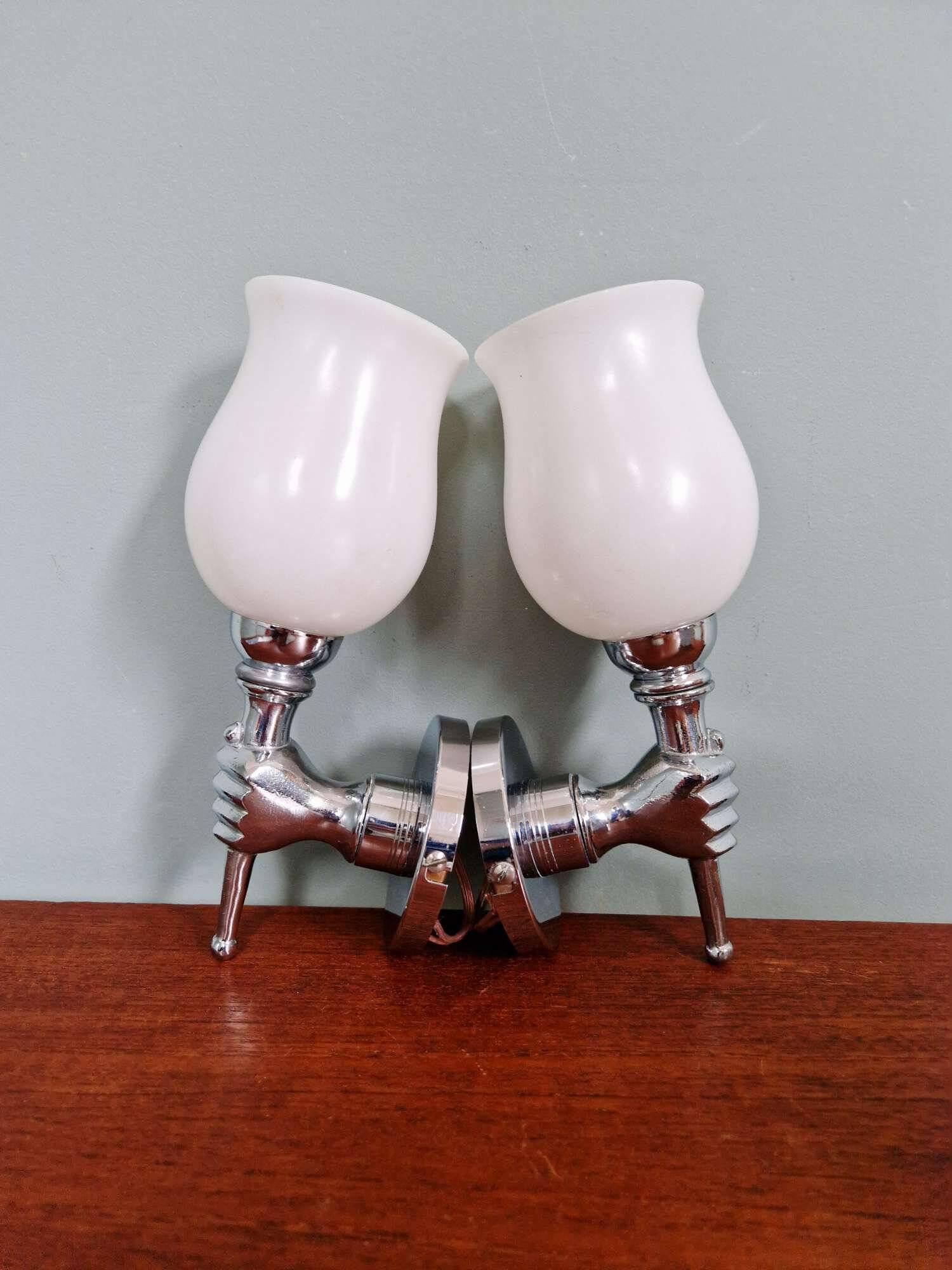 Pair of wall lights in chromed metal and white satin glass, 1960
