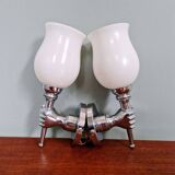 Pair of wall lights in chromed metal and white satin glass, 1960