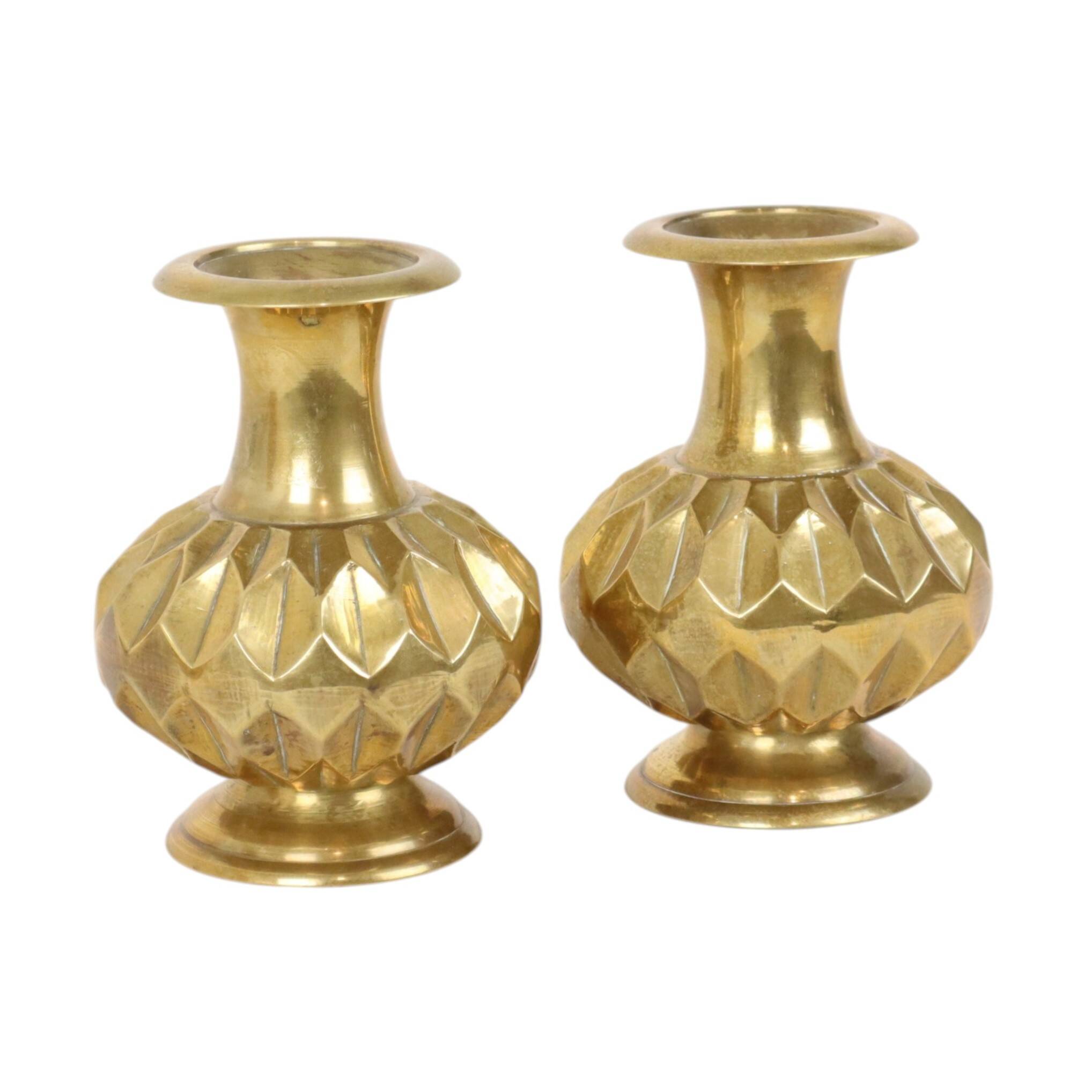 Pair of Brass Vases, Geometric Design, 15 cm