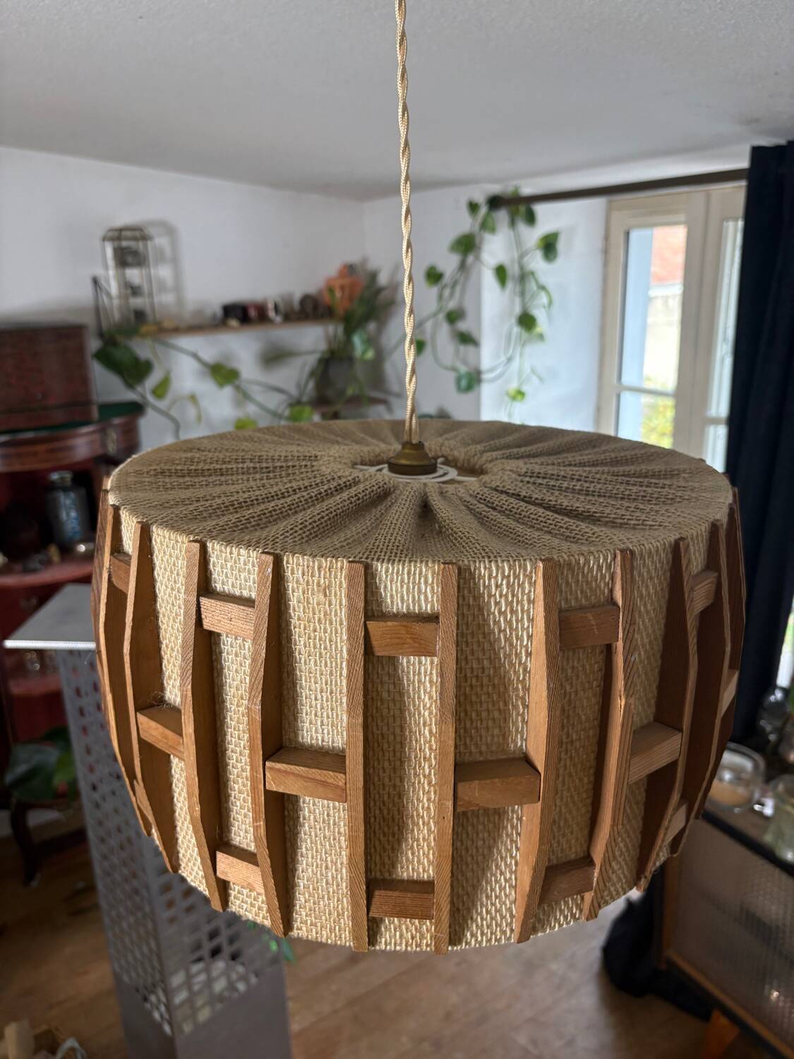 Scandinavian pendant light from the 1960s, made of wood and fabric