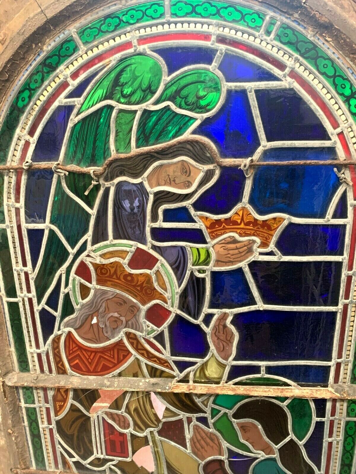 Stained glass panel representing a nineteenth century coronation