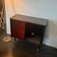 Large vintage bar cabinet from the 50s/60s – illuminated, sliding doors, on wheels.