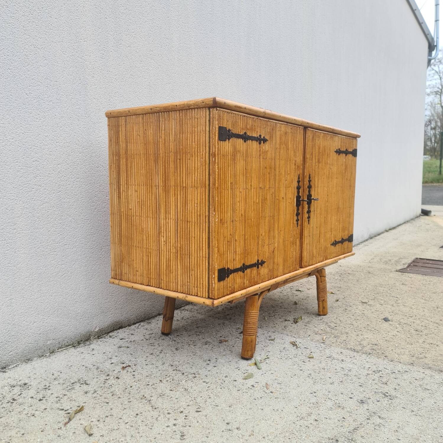 Rattan bamboo sideboard atttributed to Audoux Minnet vintage 60's