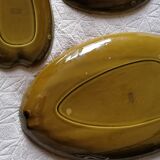 Trio of enamelled ceramic dishes, Gien, water lily leaf shape, vintage 60s