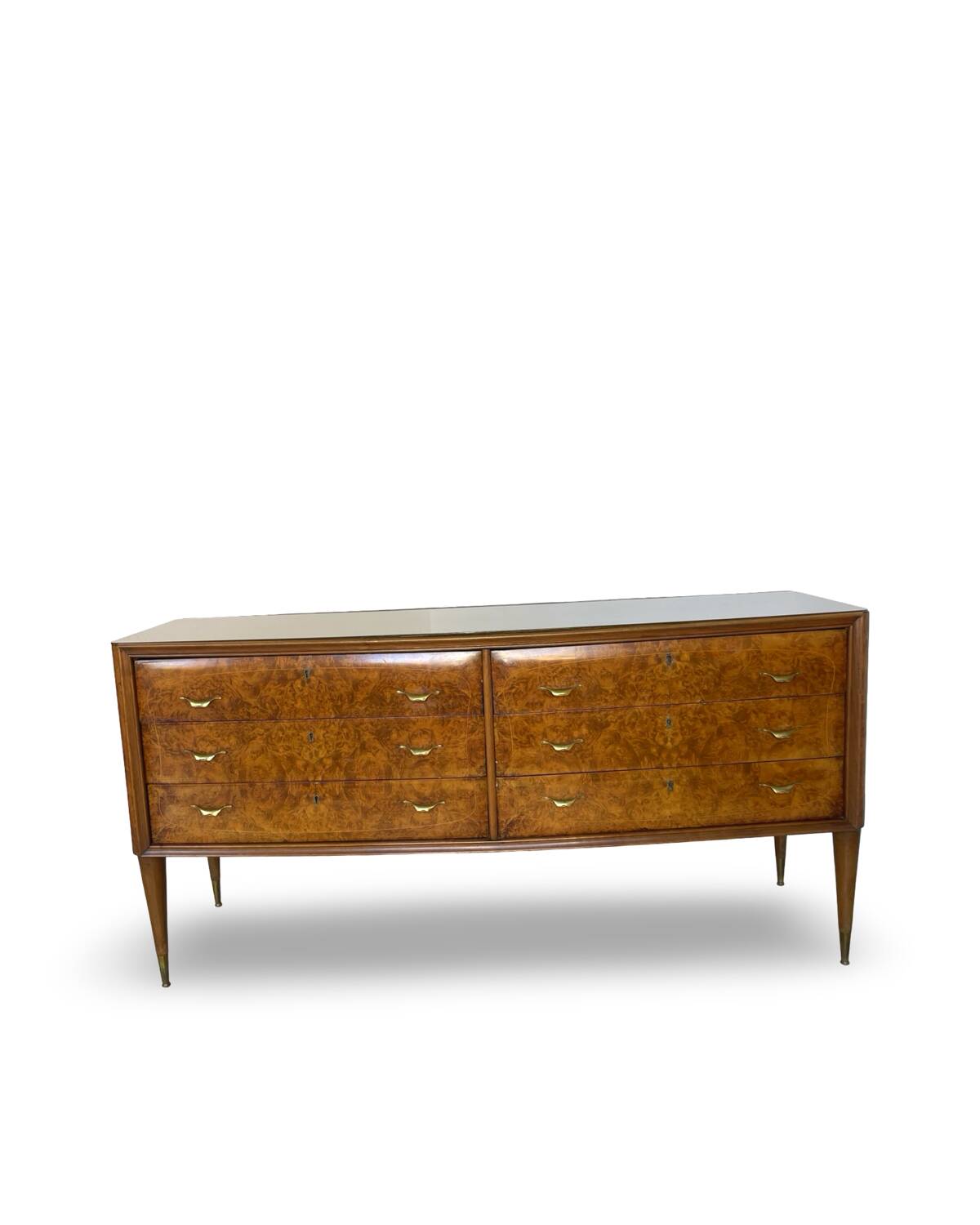 Veneered burl walnut chest of drawers with light warm brown glass top