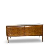 Veneered burl walnut chest of drawers with light warm brown glass top