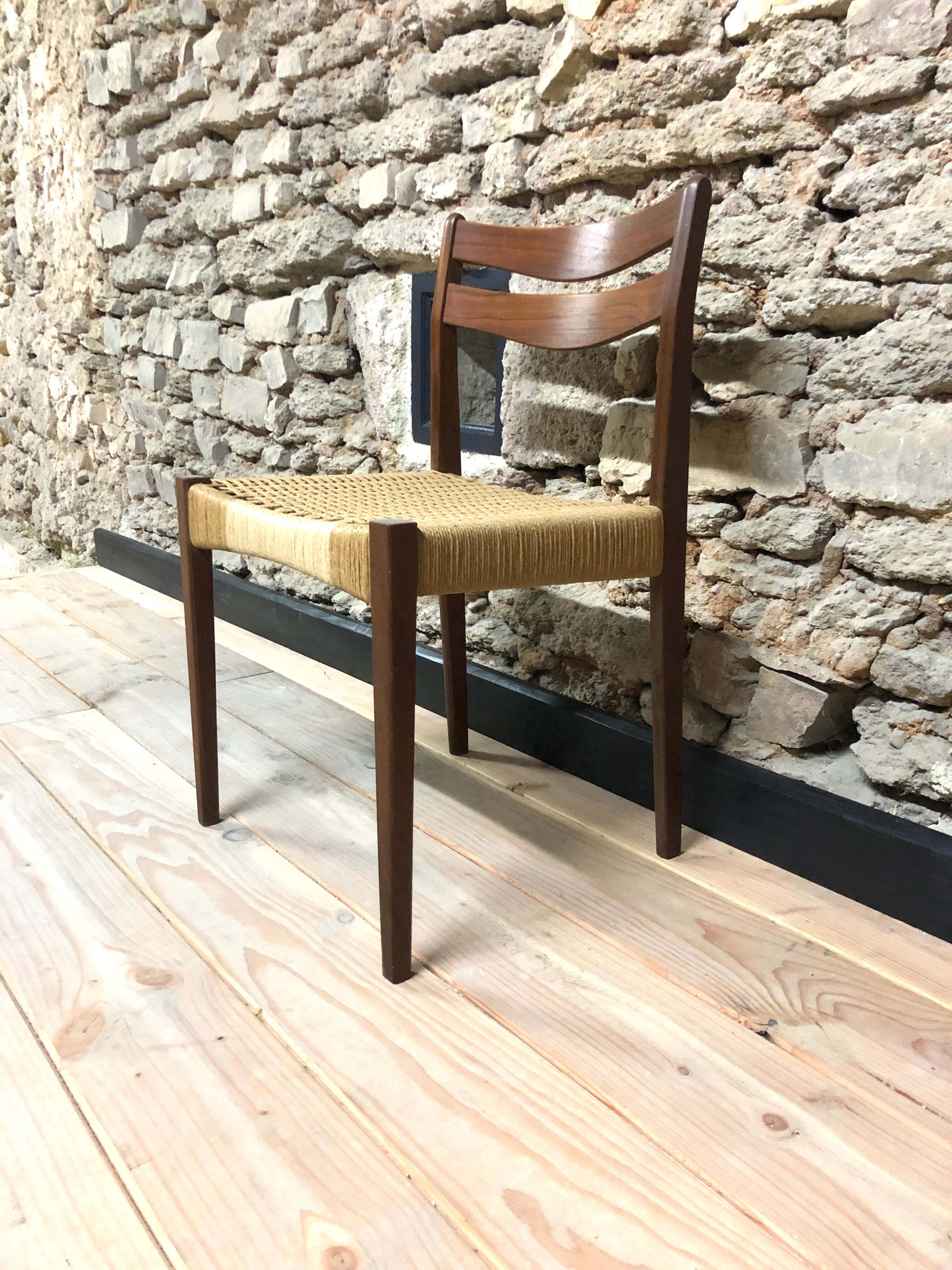Set of 4 Scandinavian teak and rope chairs from the 60s