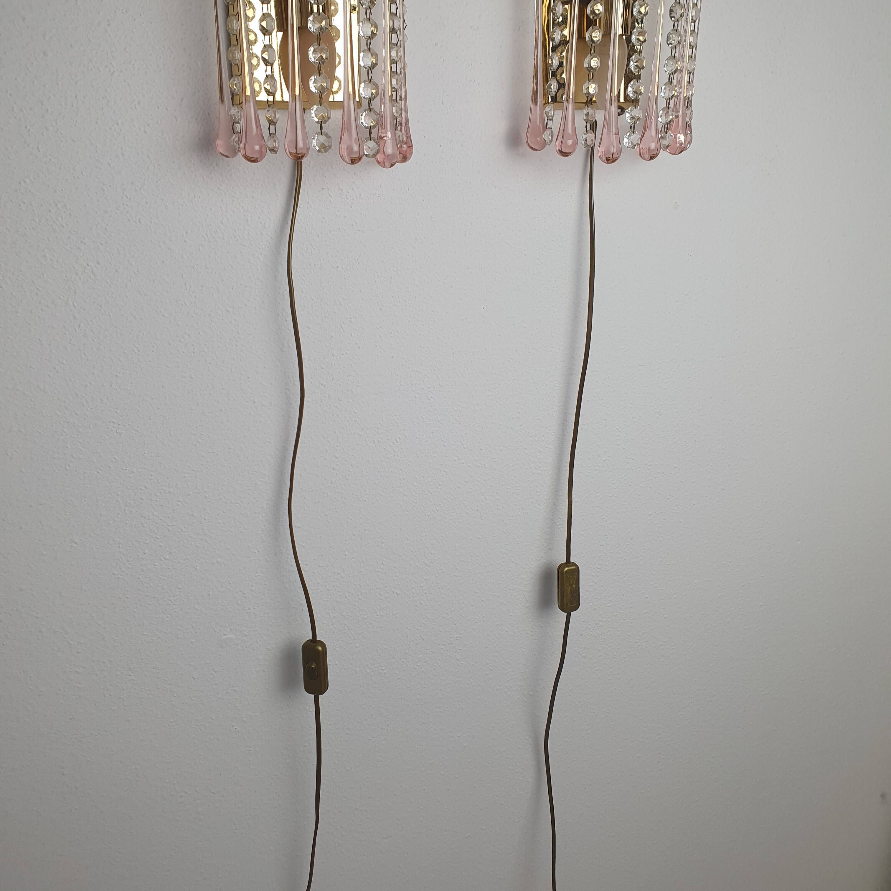 Set of 2 hollywood regency murano glass wall lamps, 1970s
