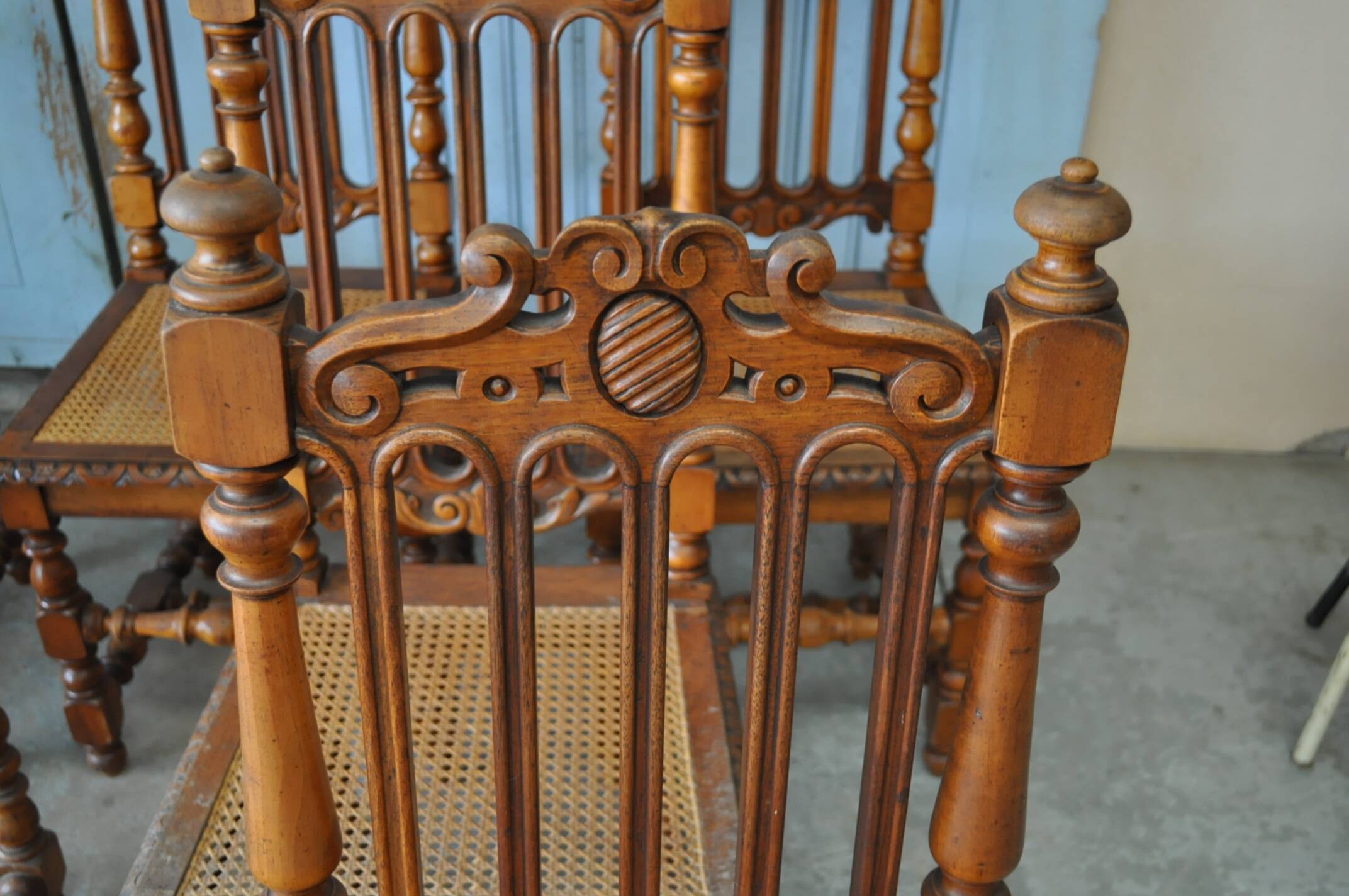Set of 8 tanned chairs.