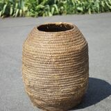 Very large old basket, burgundy straw and bramble, woven basket