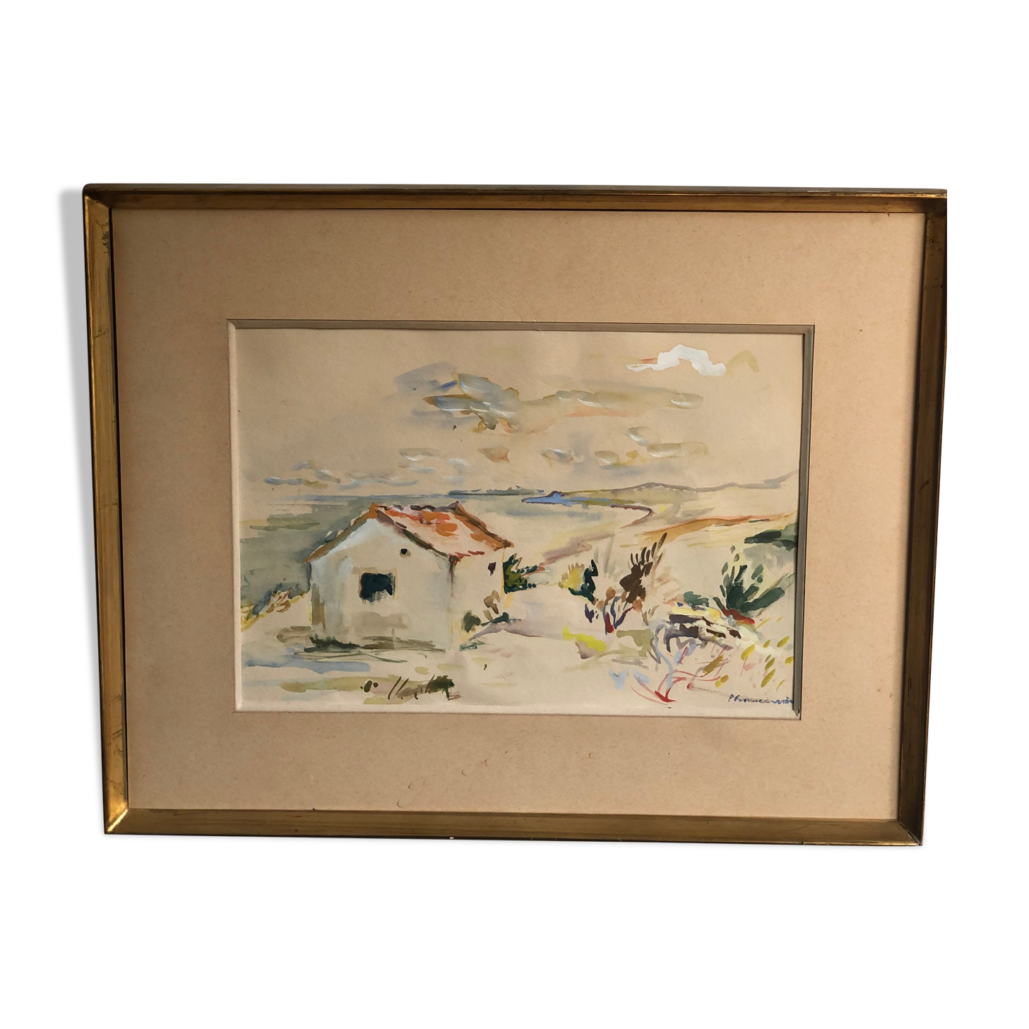 Framed watercolor seaside house