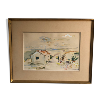 Framed watercolor seaside house