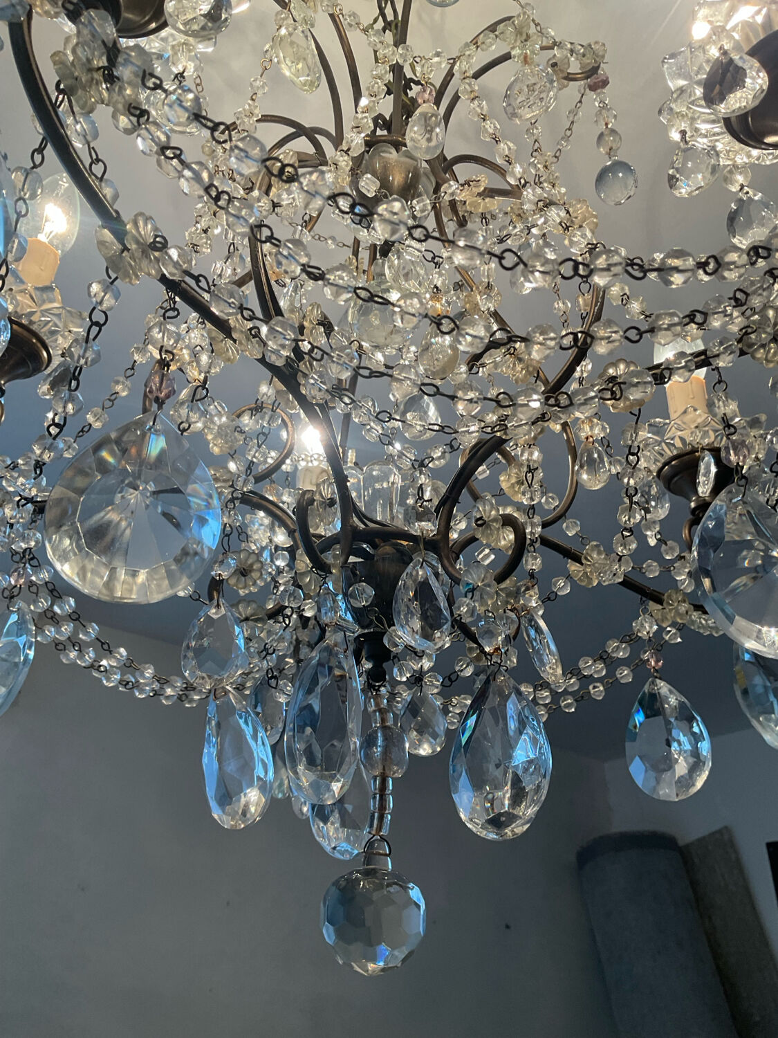 Antique cage chandelier with rock crystal pendants