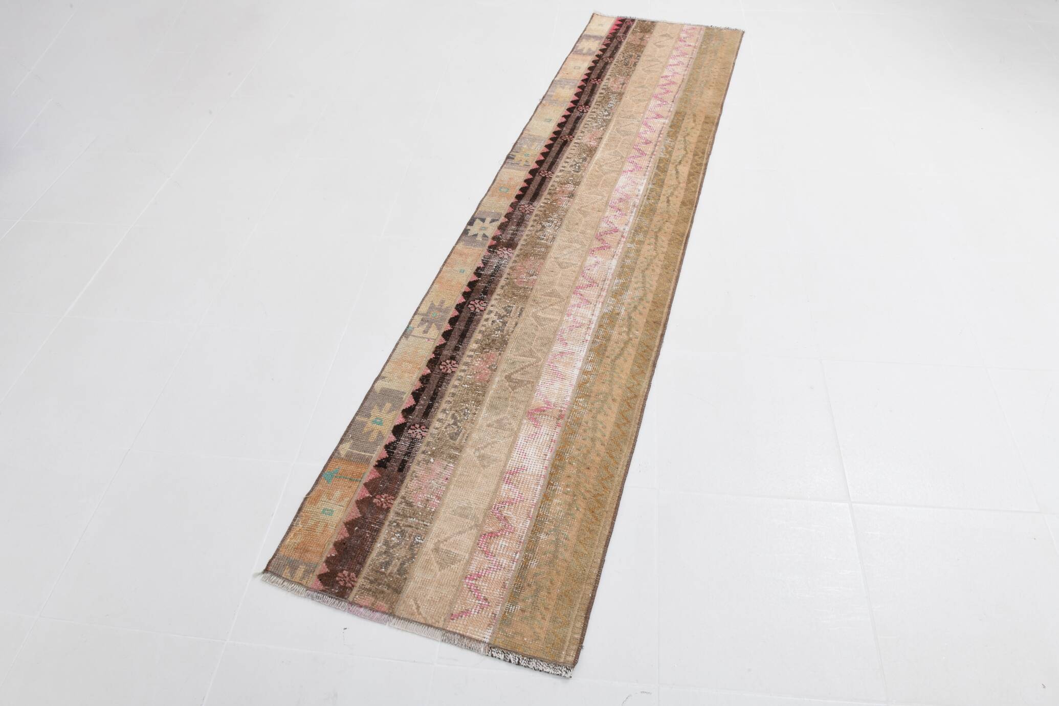 2x9 Brown Cream Persian Vintage Runner Rug, 65x265Cm