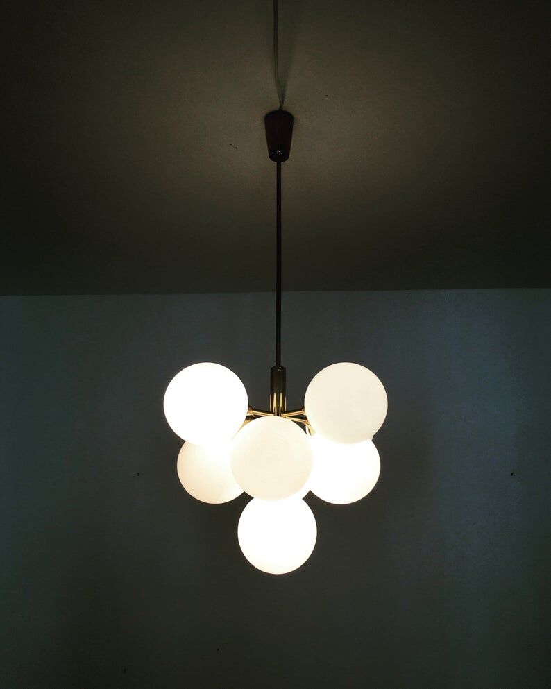 Brass and opaline glass Sputnik chandelier by Kaiser Leuchten