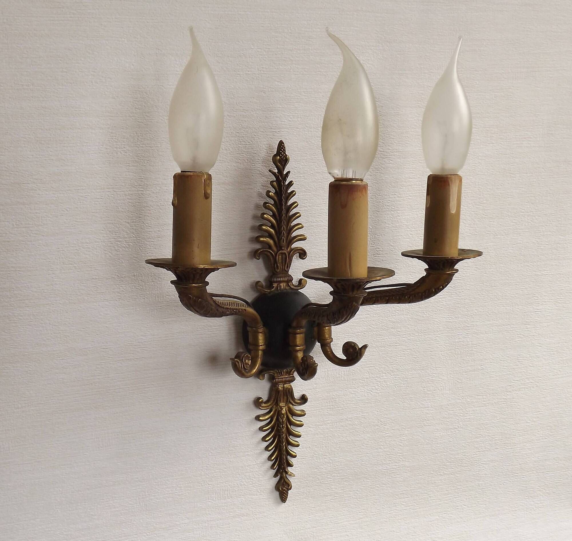 Set of 3 Bronze French Empire Style Triple Light Wall Sconces Neoclassical