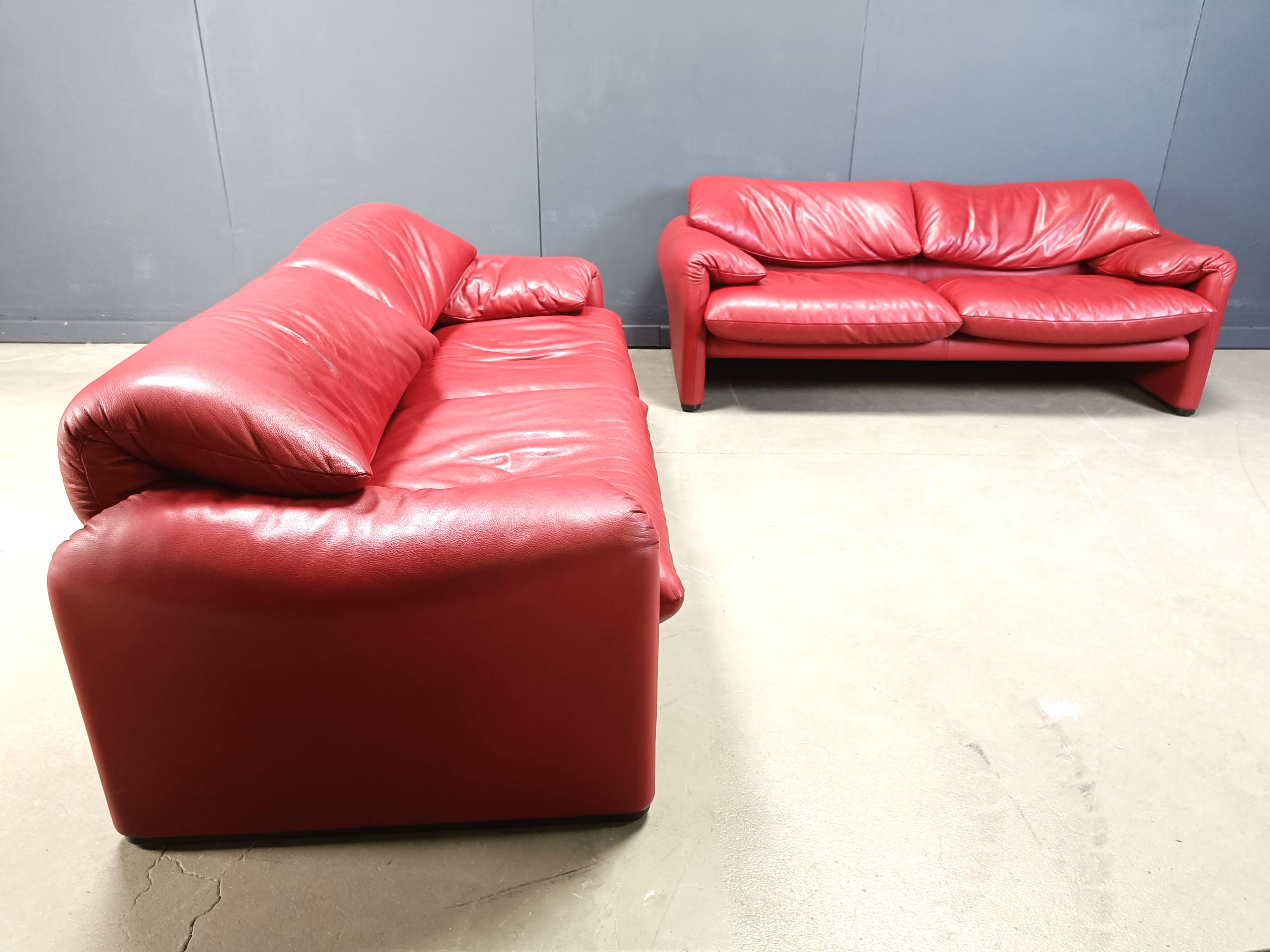 Leather Maralunga sofa set by Vico Magistretti for Cassina, 1980s