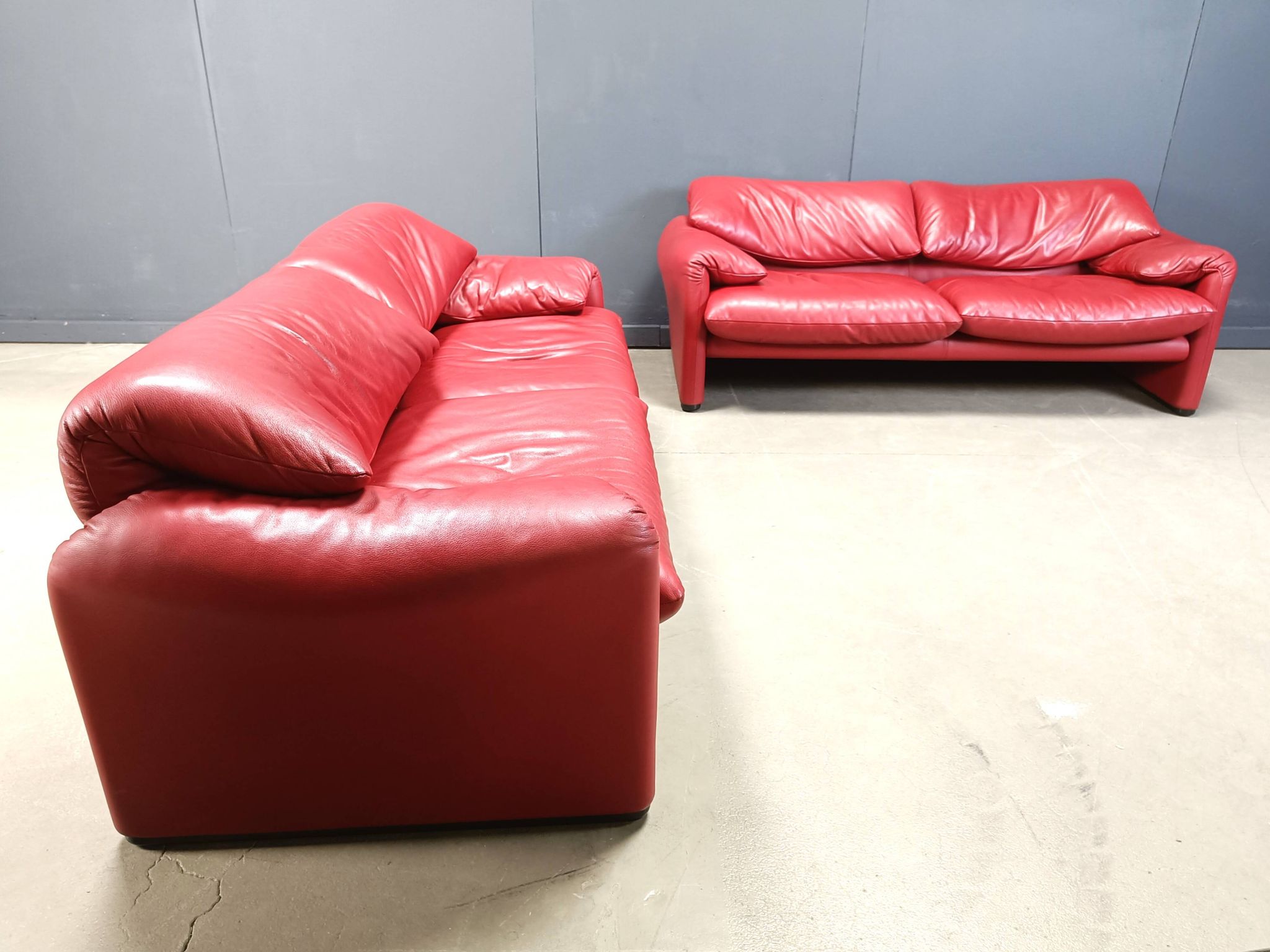 Leather Maralunga sofa set by Vico Magistretti for Cassina, 1980s