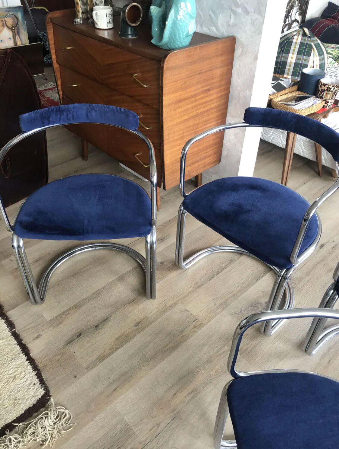 Set of four vintage chrome and velvet chairs