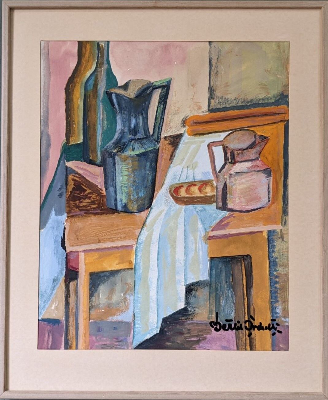 Mid-century modern swedish interior still life 'tabletop setting', vintage framed watercolour