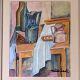 Mid-century modern swedish interior still life 'tabletop setting', vintage framed watercolour