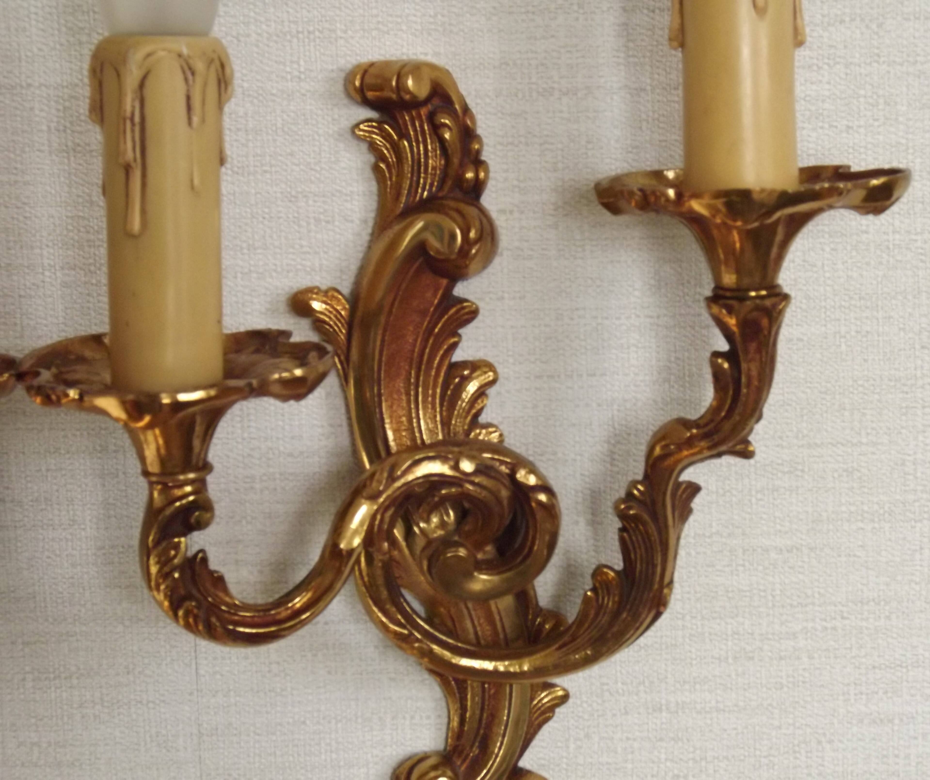 Stylish Vintage French Bronze Double Wall Sconces with Acanthus Leaf Detail