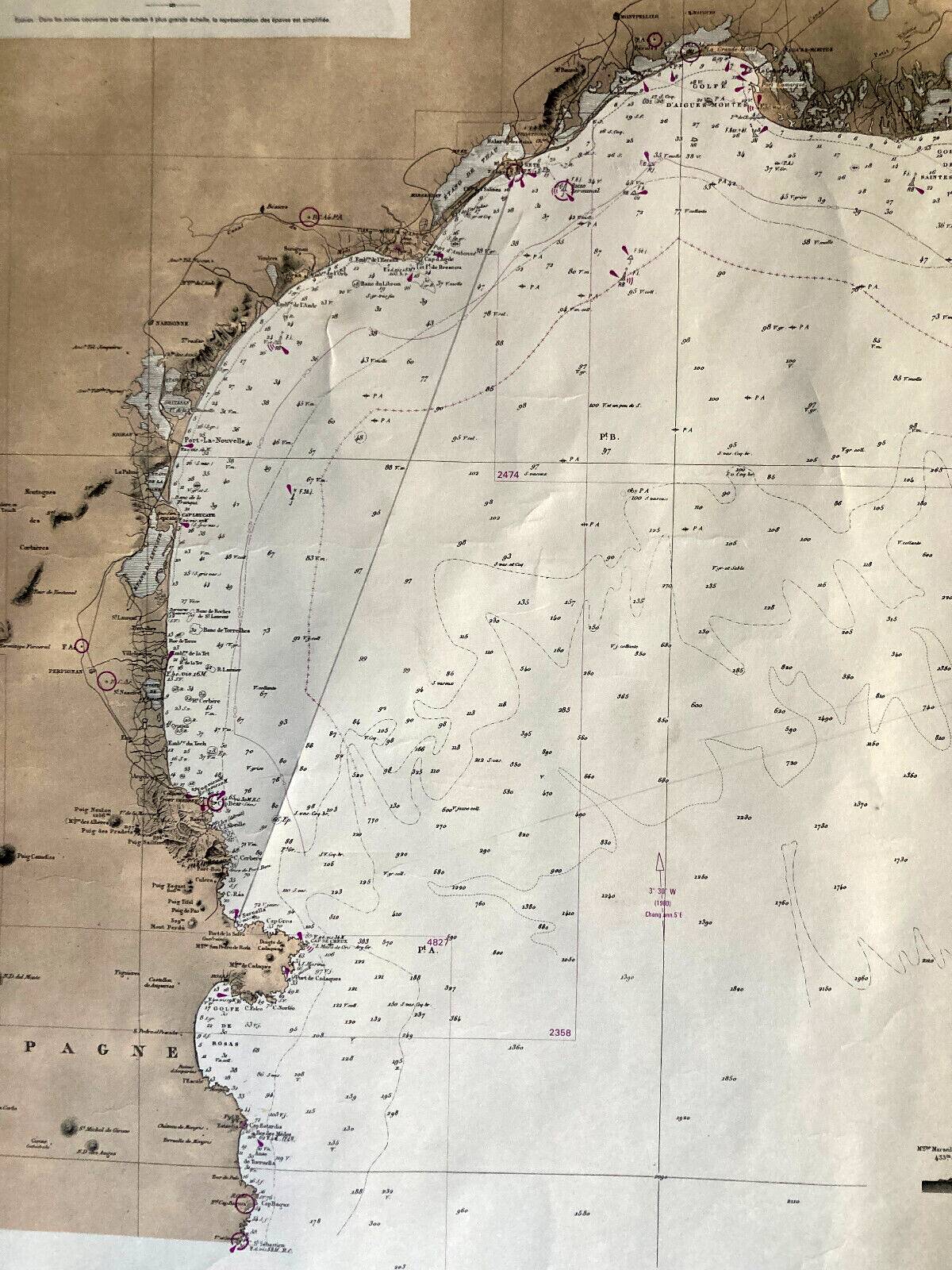 Carte marine ancienne - Golf du Lion - Mer Méditerranée