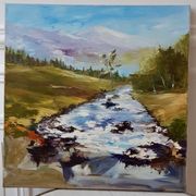 Painting oil on canvas landscape river mountains vintage