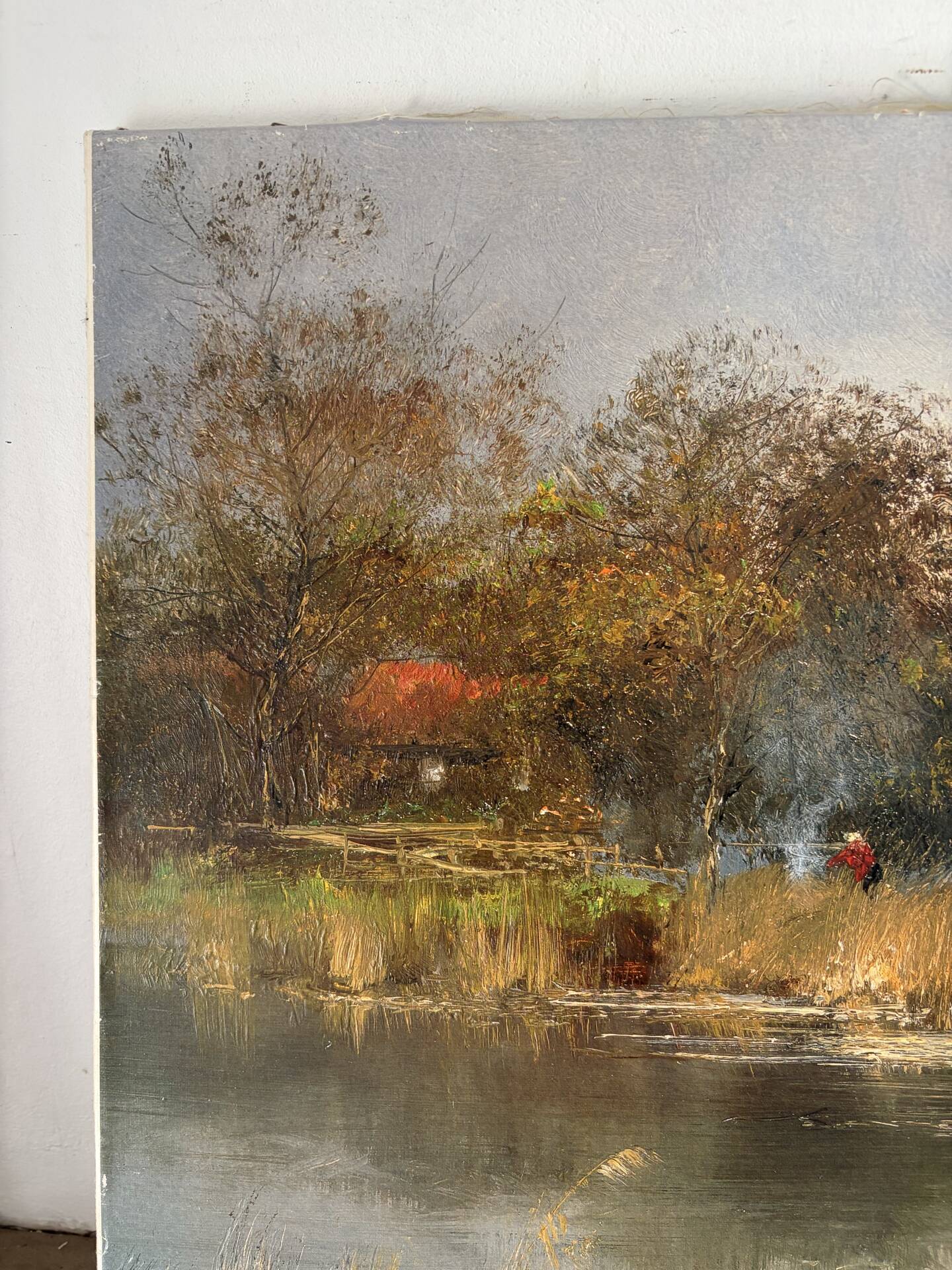 Village by the water, oil on paper signed