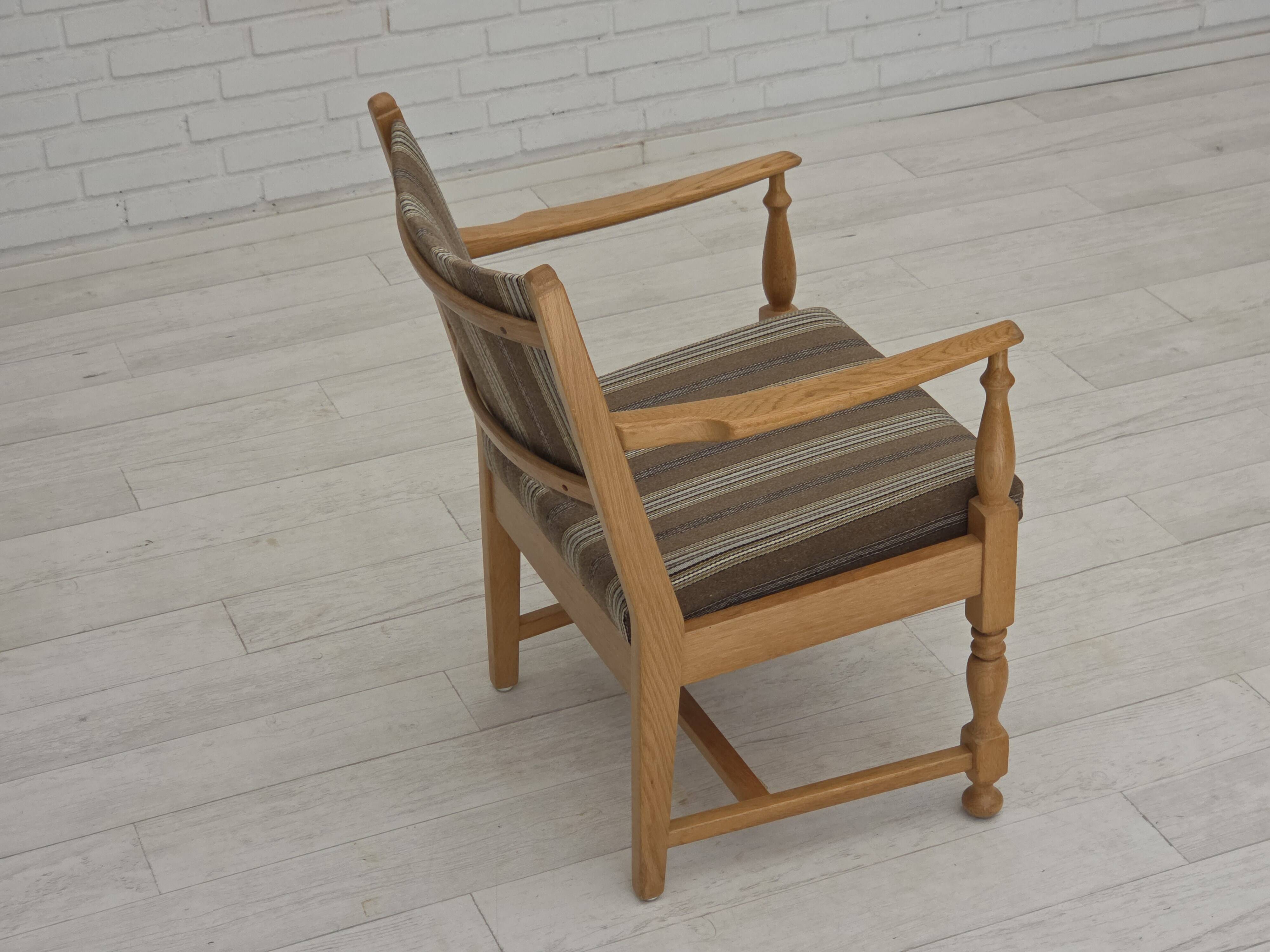 1970s, pair of Scandinavian armchairs, furniture wool, solid oak wood.