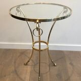 Neoclassical style tripod pedestal table in brass and round glass top in the taste of the House