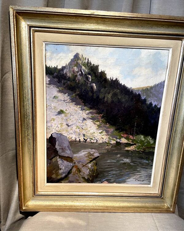 Huile sur toile representant un lac signe lucien wolff peintre alsacien