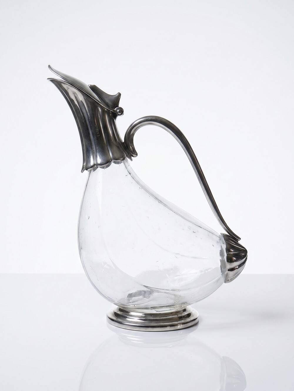 Vintage glass and silver-plated metal jug, modernist pitcher/carafe from 1950-1970.