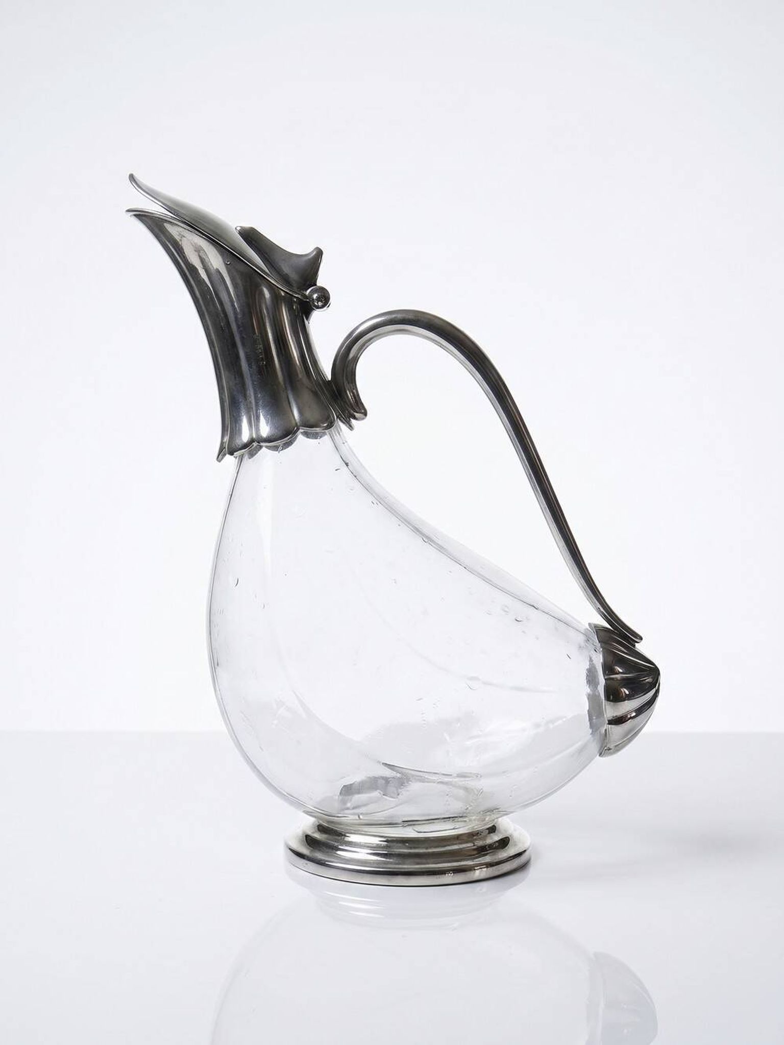 Vintage glass and silver-plated metal jug, modernist pitcher/carafe from 1950-1970.