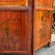 Chinese screen with five wooden panels, gilded décor of characters, vegetables, flowers and birds