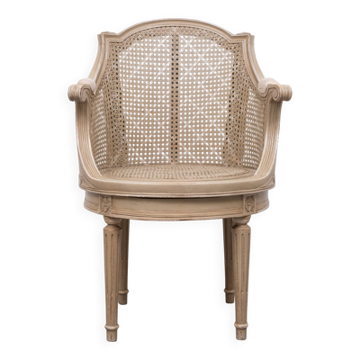 Chaise de bureau rotative de style Louis XVI avec accoudoirs en forme de baril.