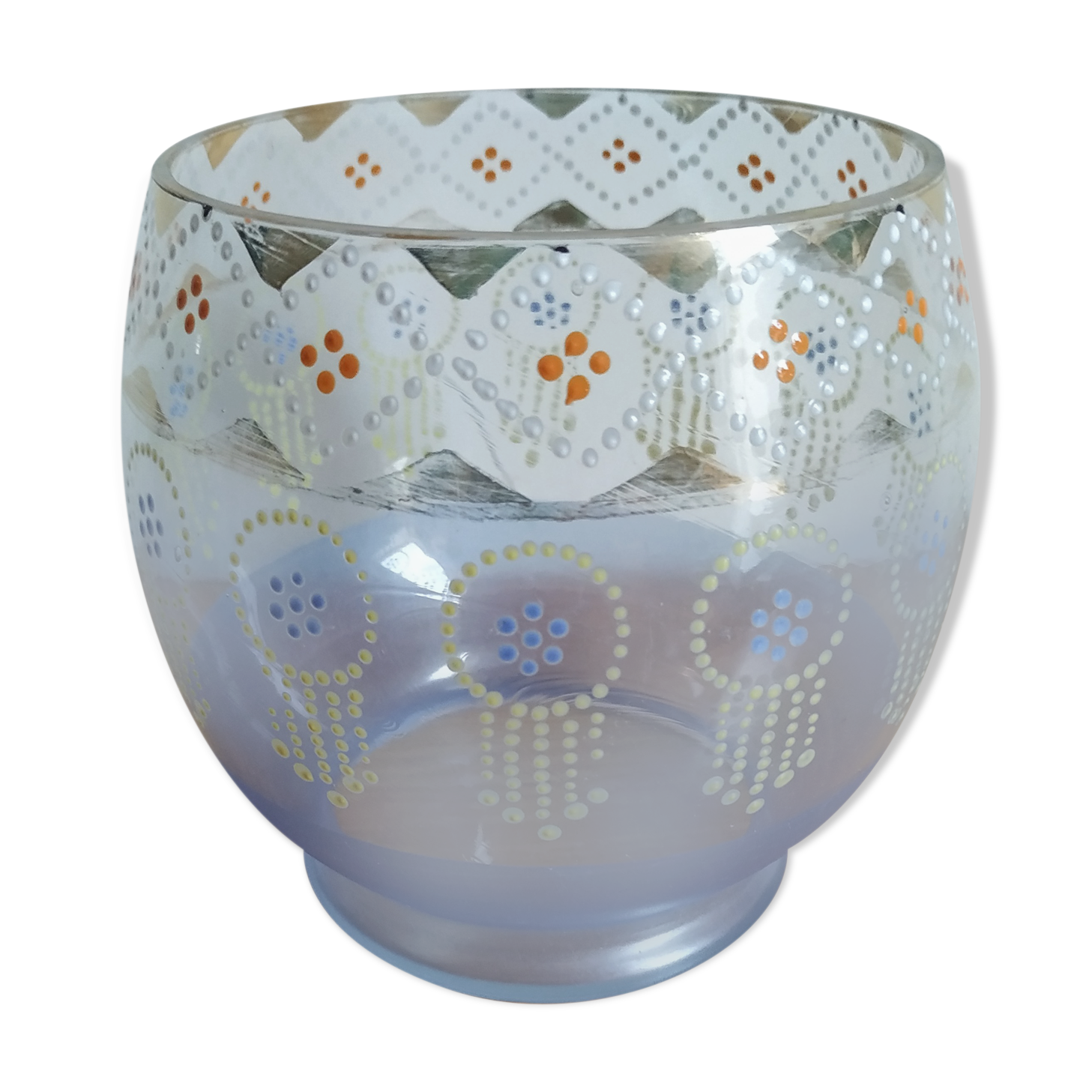 Enamelled glass ball vase decorated with beads and garlands