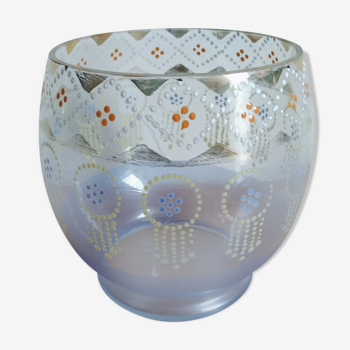 Enamelled glass ball vase decorated with beads and garlands