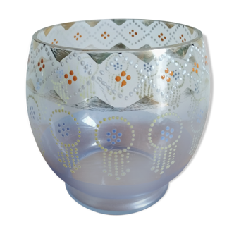 Enamelled glass ball vase decorated with beads and garlands