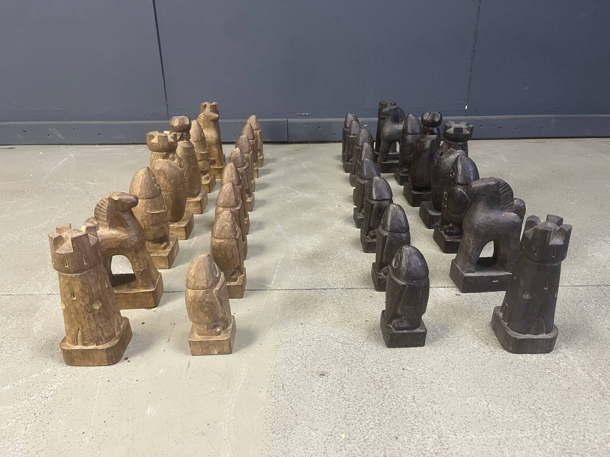 Large hand crafted wooden chess figure set, 1960s