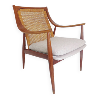 Vintage Peter Hvidt And Orla Molgaard Teak And Rattan Lounge Arm Chair By France & Son Denmark